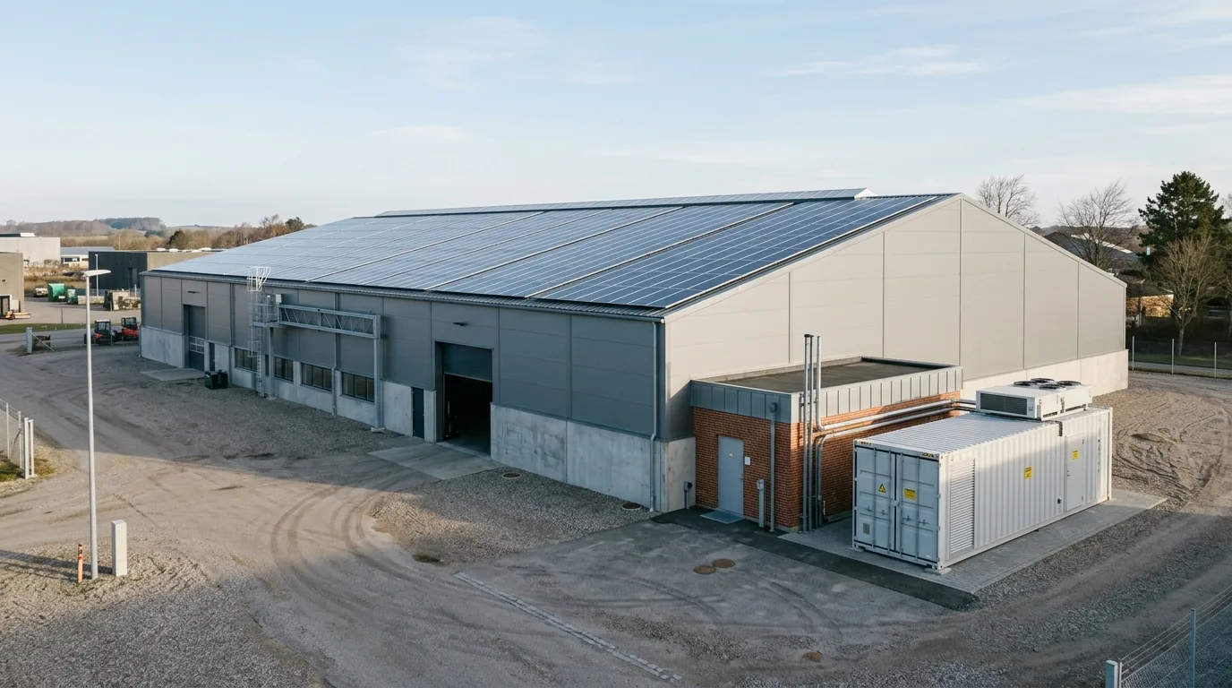Stort solcelle-tag på dansk produktionsbygning med batteri-container ved teknik-rum
