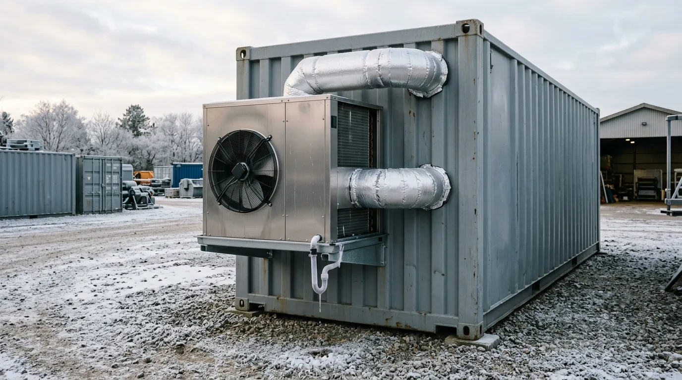 HVAC-enhed monteret på væggen af batteri-container med synlige luftkanaler