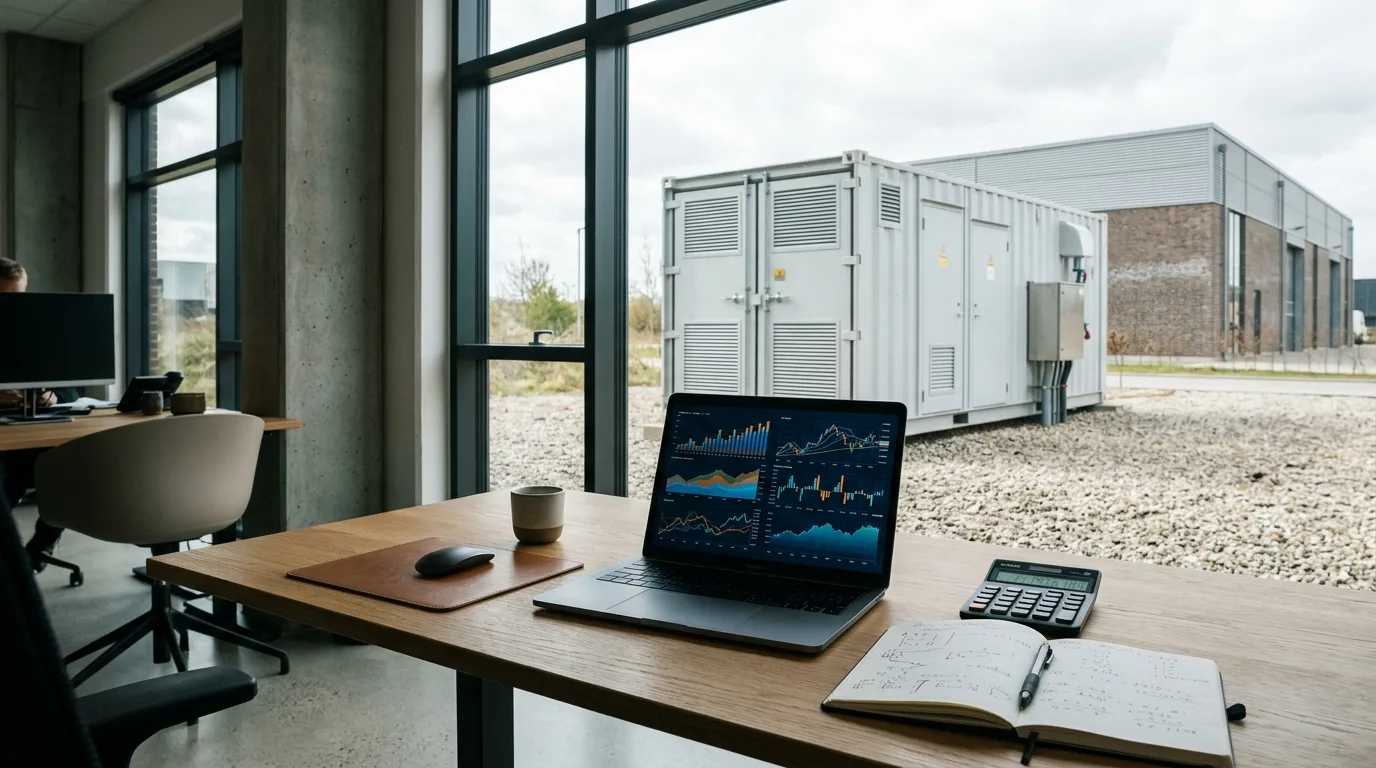 Skrivebord med beregninger og laptop ved batteri-container i baggrunden