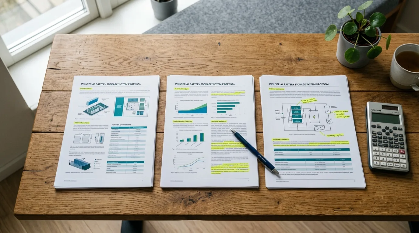 Tre udprintede tilbud på erhvervsbatteri side om side med markeringer