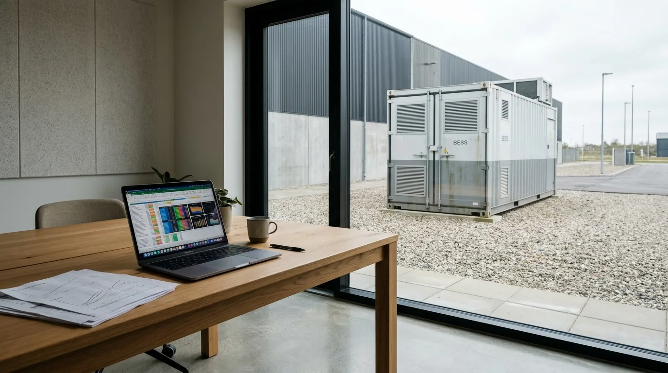 Dansk virksomhedsejer ved skrivebord med dokumenter og batteri-container i baggrunden