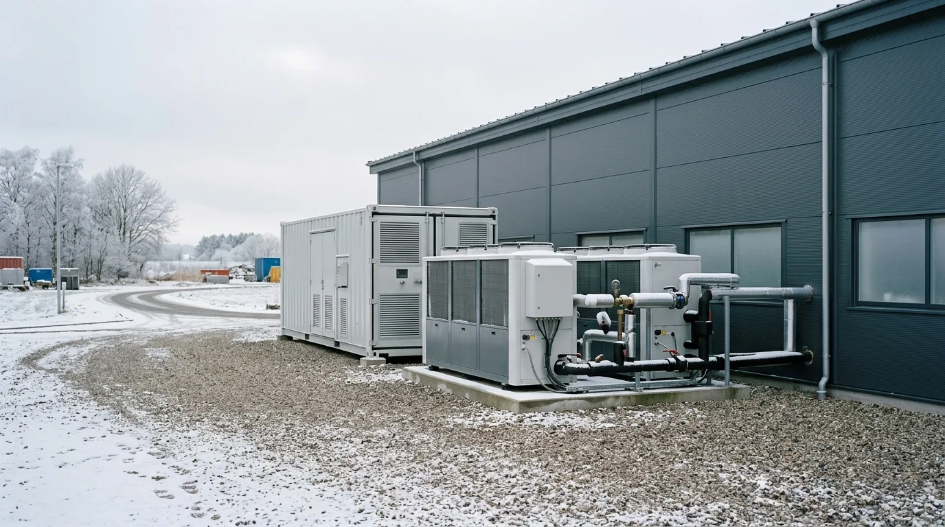 Industriel varmepumpe-installation ved dansk virksomhed med batteri-container i baggrund