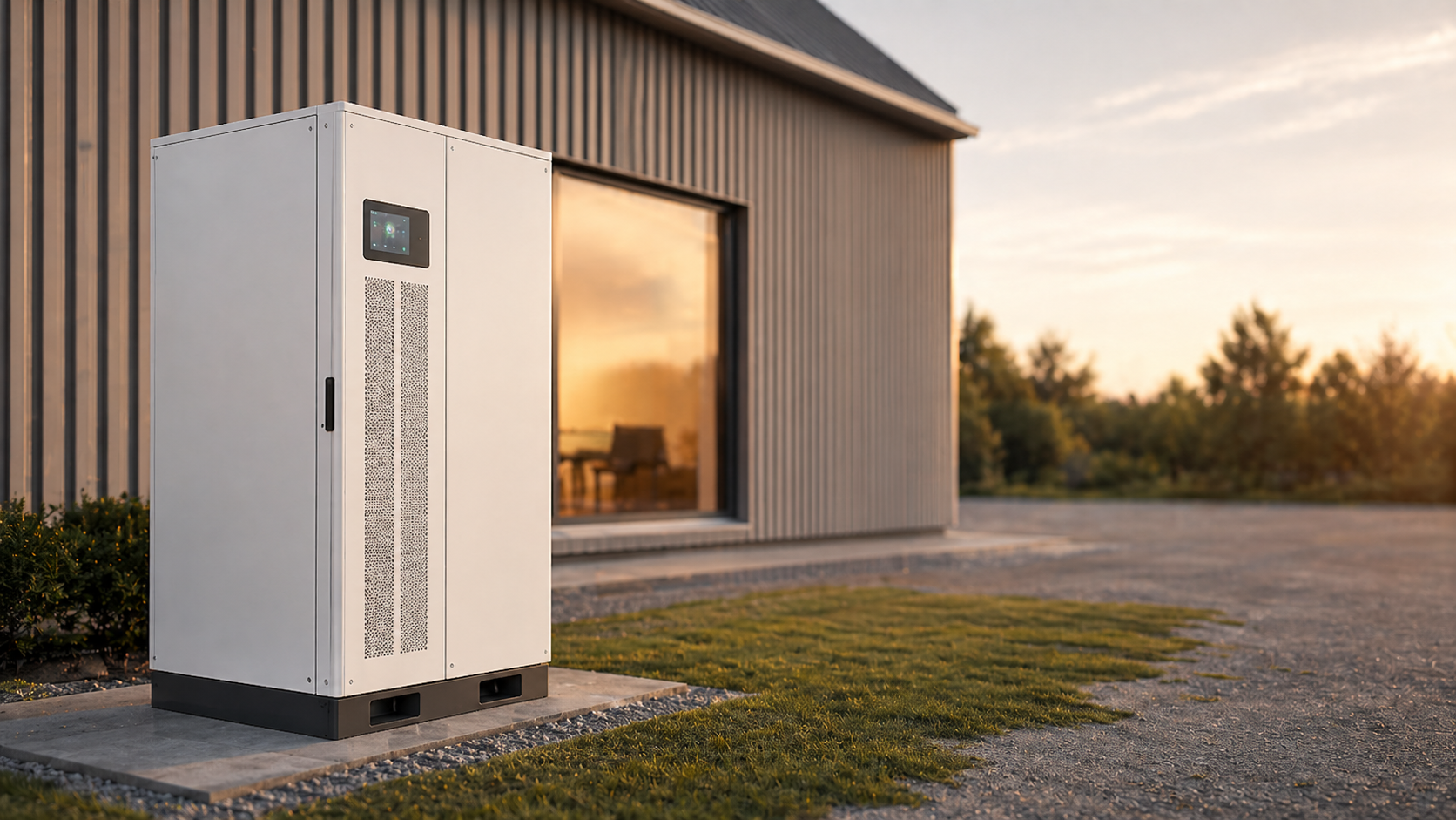 Elbil opladet ved hvid wallbox foran dansk parcelhus med solceller på tag