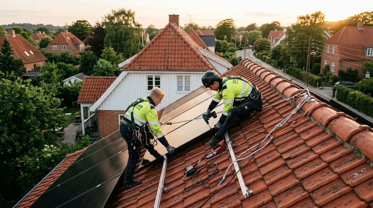 Solcelle-inverter med rød fejl-LED og display der viser advarselsmeddelelse