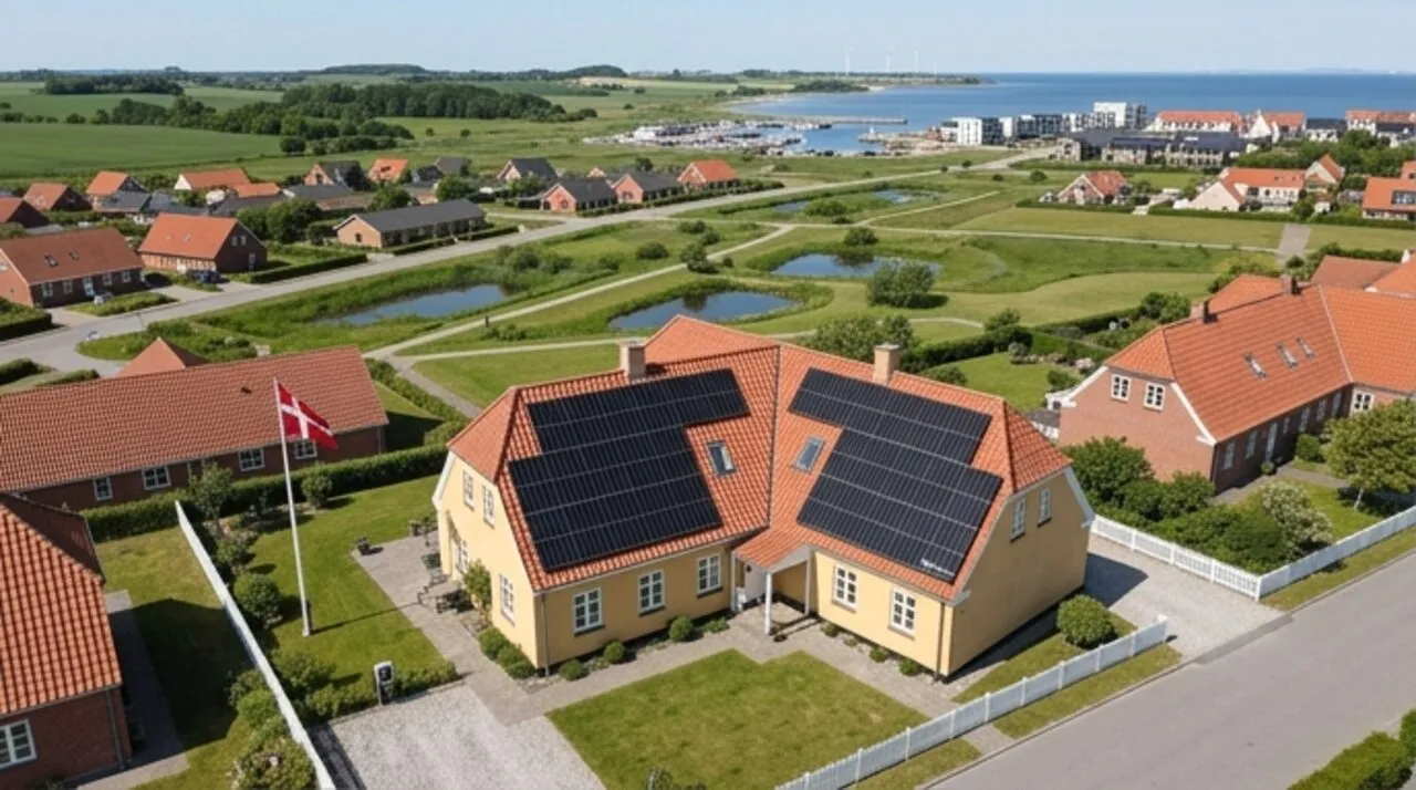 Klimaregnskab på laptop ved siden af solcelleanlæg-rapport på dansk skrivebord
