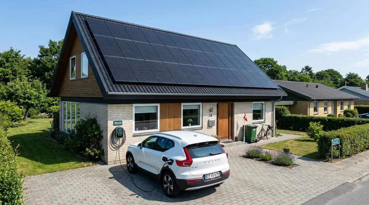 Mindre tegltag med 14 solpaneler i to rækker over kvist