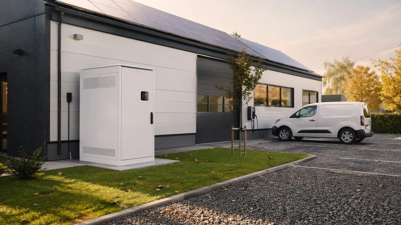 Luft-til-vand varmepumpe udendørs ved dansk hus med solceller på taget