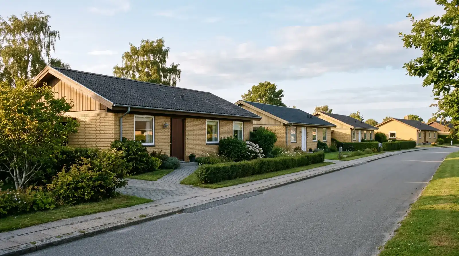 Række af gule 1970'er-huse med lave mørke tage