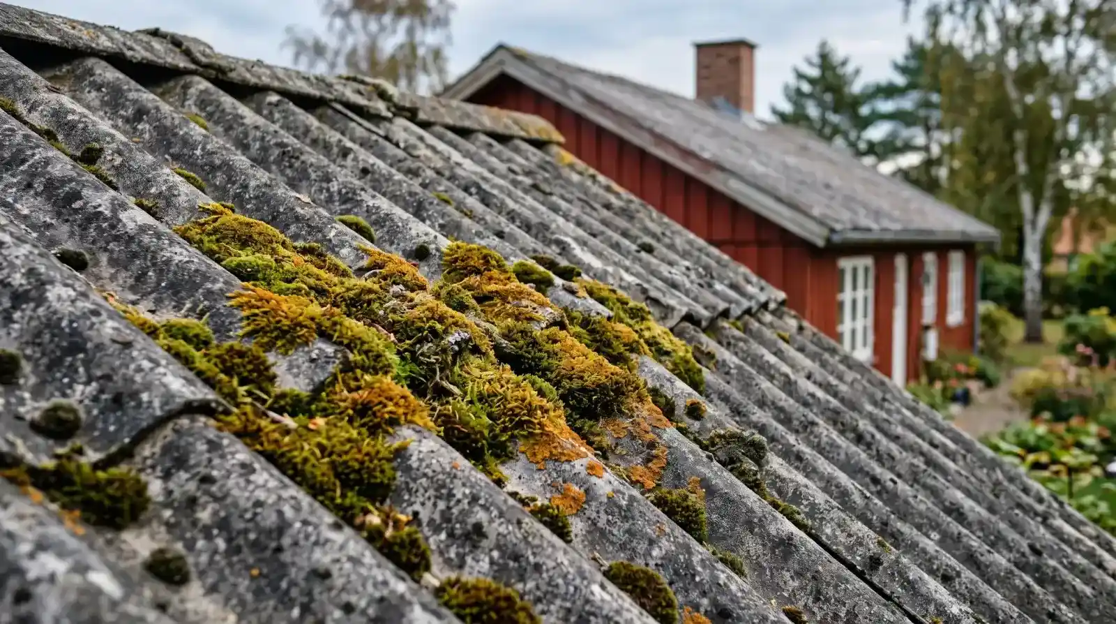 Tæt på gammelt bølgeeternittag med tyk mos og alger
