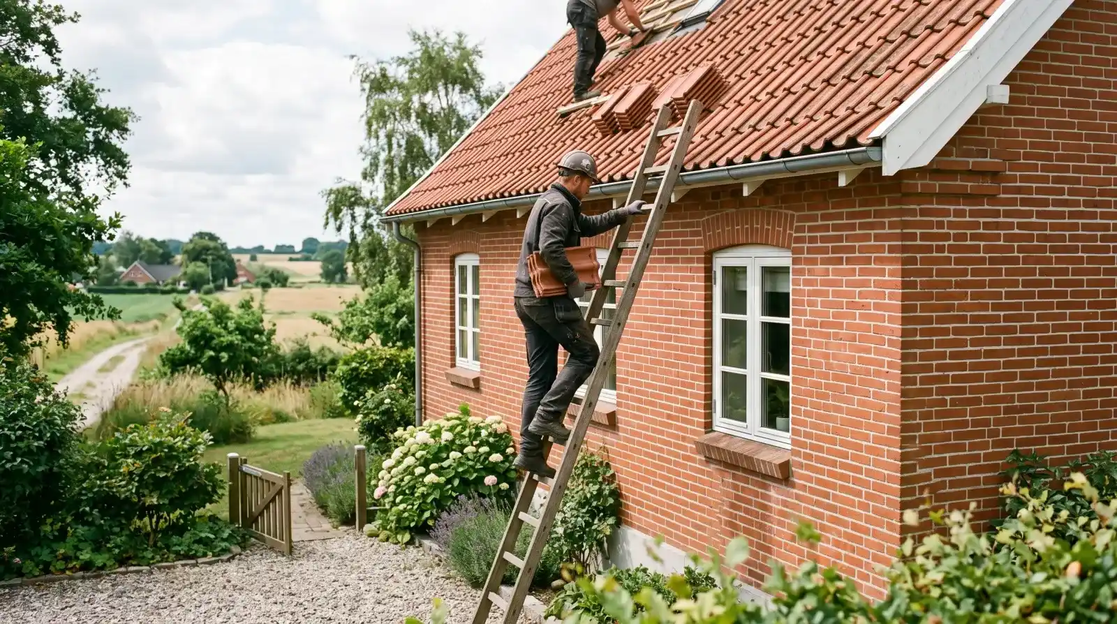 Tagdækker bærer tagsten op ad stige til hus