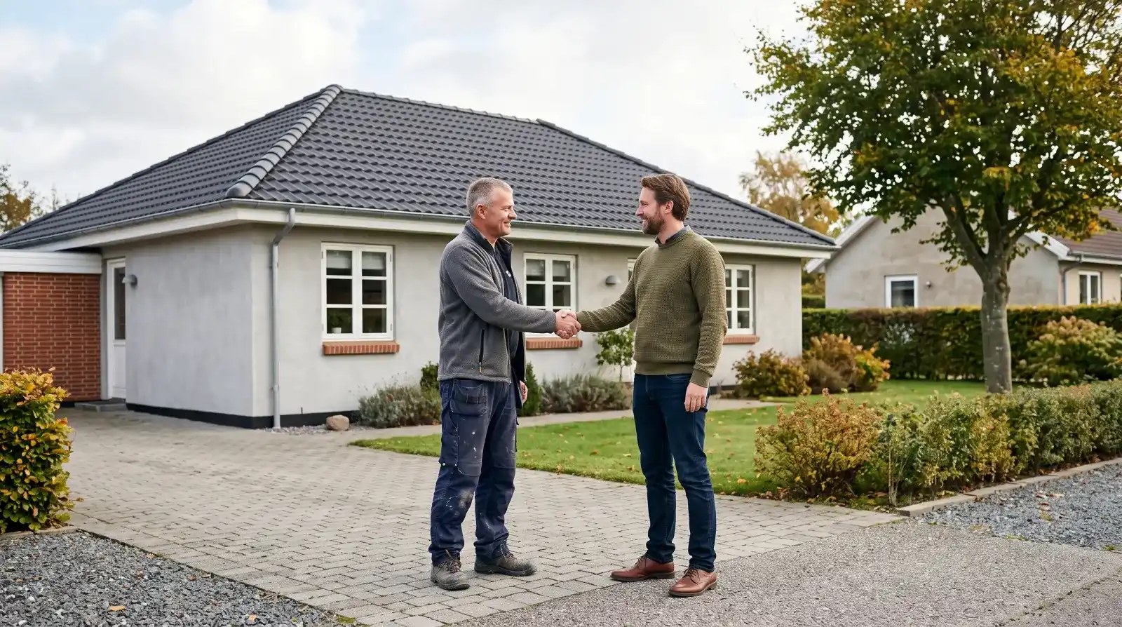 Tagdækker og kunde giver hånd foran nyrenoveret hus