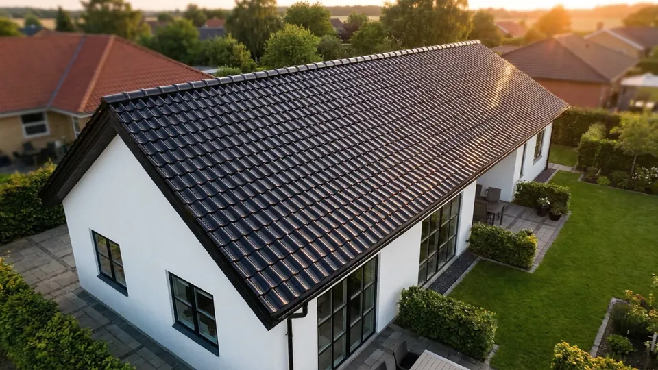 Dronefoto af tre nye tage: sort tegltag, ståltag og rødt tegltag