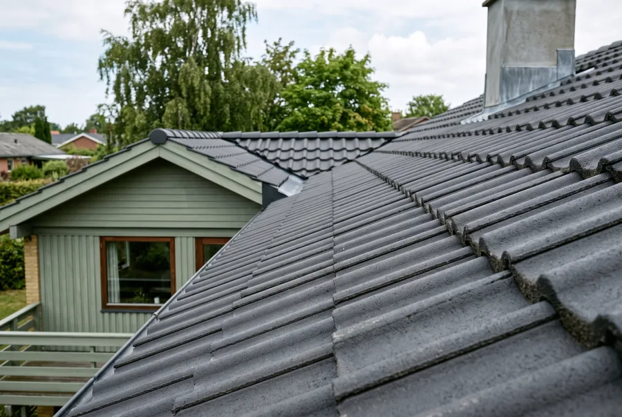 Mørkegrå betontagsten på hus med grønt træbeklædt gavltrekant