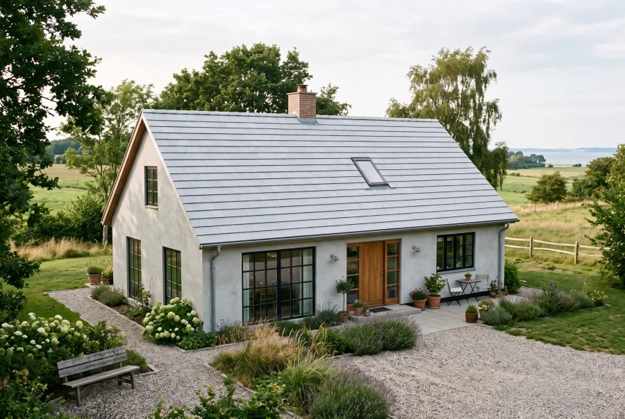 Lysegrå asbestfri eternitplader på nyere hvidt hus