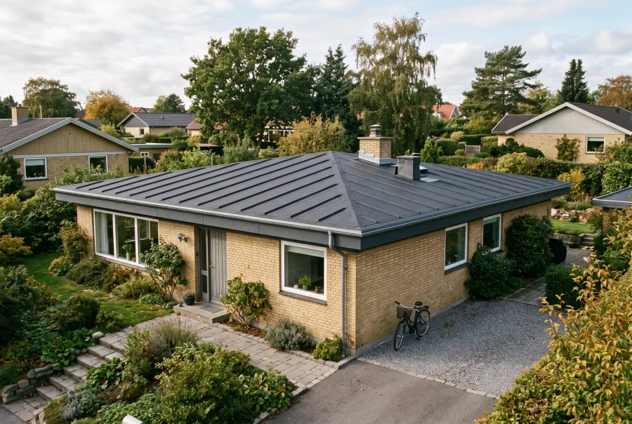Sort tag med synlige samlinger set skråt oppefra
