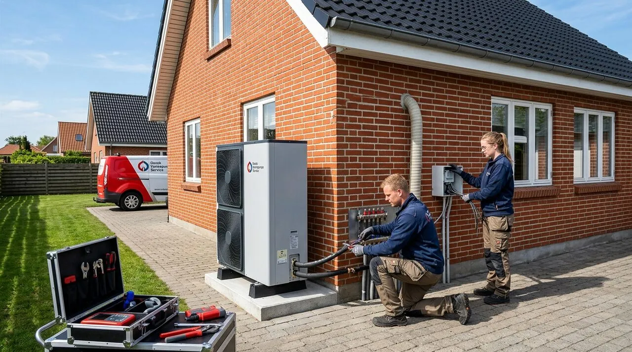 Daikin Altherma varmepumpe udedel monteret ved gavlen på dansk parcelhus