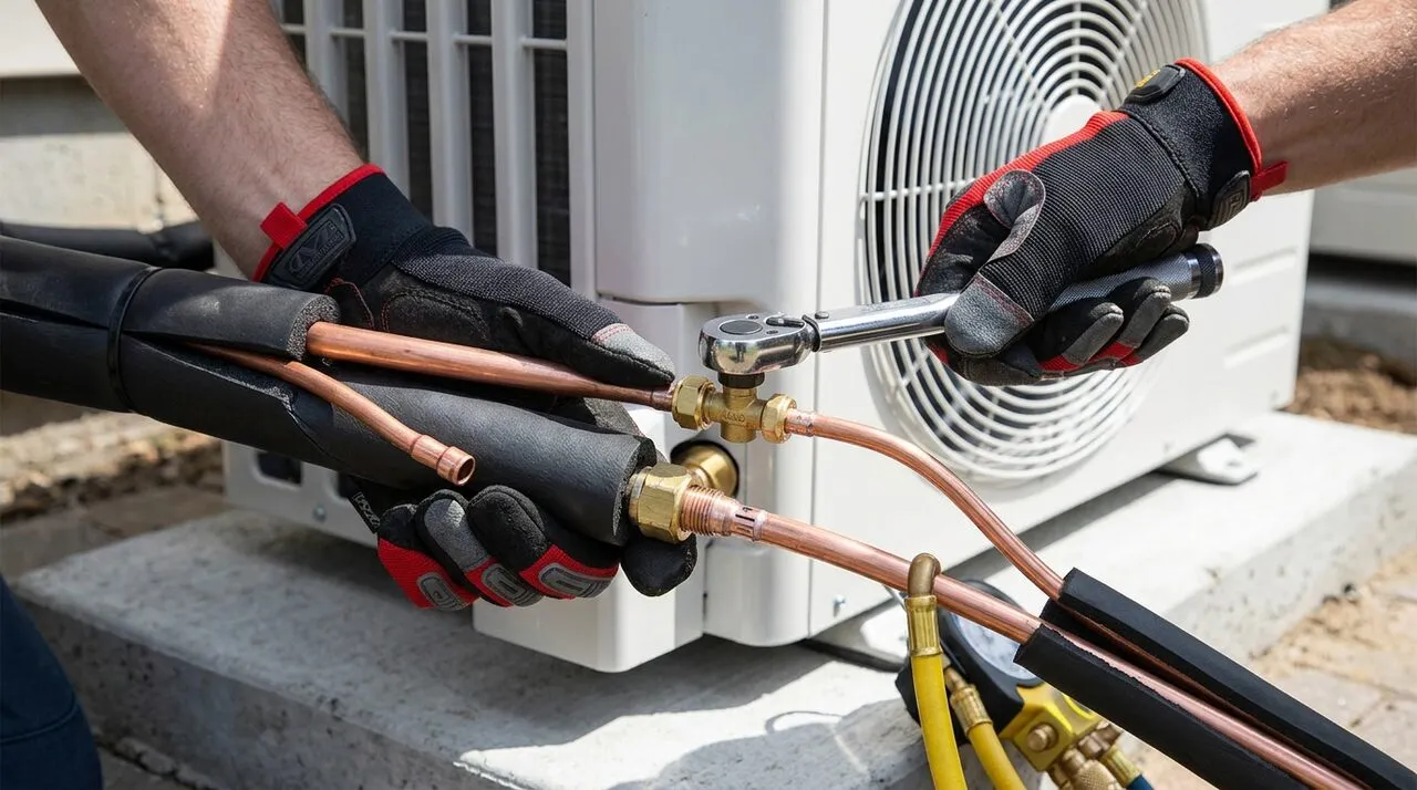 Åbnet varmepumpe udedel med inverter kompressor synlig indeni