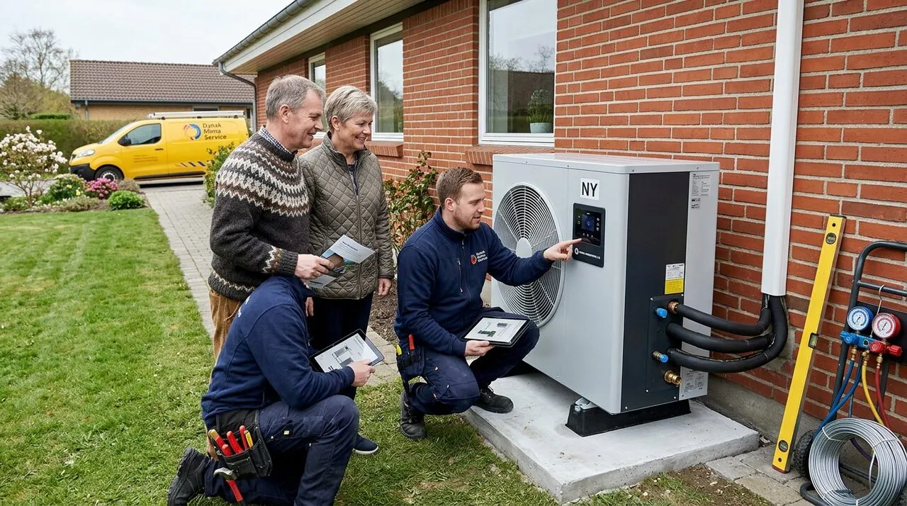 Moderne luft-til-vand varmepumpe udedel i minimalistisk have ved dansk villa